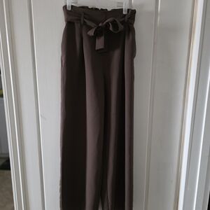 High-Waist Paperbag Wide-Leg Pants - Brown